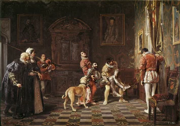 "" Návrat turnaje "" Mladý rytíř bolí je přiveden zpět do paláce podepřený dvěma stránkami. Obraz Salvadora Martineze Cubellse (1845-1914) 1881 Valencie. Muzeum Bellas Artes San Pio