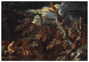 Skalnatá zalesněná krajina s Jakubem napájejícím Labanovo stádo, asi 1615-73 (olej na plátně)