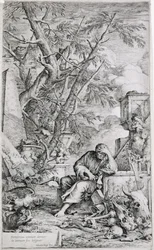 Democritus v meditaci (rytina)