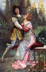 Literatura. Francesca da Rimini a Paolo Malatesta. Ilustrace inspirovaná S. Postiglione v: Božská komedie, Dante Alighieri, Česká republika, cca 1910 (pohlednice)