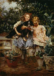 Tři přátelé, Salvatore Postiglione (1861-1906), olej na plátně, 53,5x38 cm