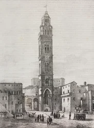 Zvonice katedrály Gaeta, Lazio, Itálie, litografie Salvatore Puglia podle kresby Pasquale Mattei (1813-1879), z Poliorama Pittoresco, n 48, 6. července
