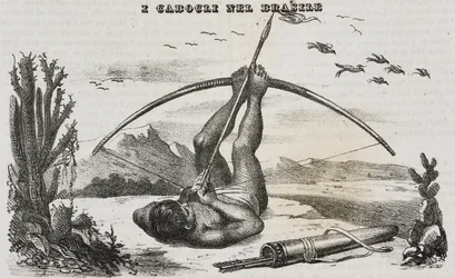 Caboclo muž s luky a šípy, Brazílie, litografie Salvatore Puglia z Poliorama Pittoresco, n 41, 18. května