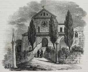 Opatství Casamari, Veroli, Lazio, Itálie, litografie Salvatore Puglia z Poliorama Pittoresco, n 47, 1. července