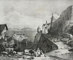 Hrad Parga, Albánie, litografie Salvatore Puglia z Poliorama Pittoresco, n 9, 9. října