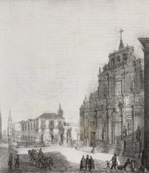 Fasáda baziliky San Sebastiano v Acireale, Sicílie, Itálie, litografie Salvatore Puglia z Poliorama Pittoresco, n 39, 3. května
