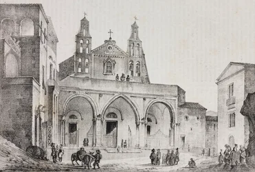 Fasáda katedrály Sessa Aurunca, Kampánie, Itálie, litografie Salvatore Puglia podle kresby Pasquale Mattei (1813-1879) z Poliorama Pittoresco, n 42, 24. května
