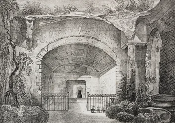 Hall ve starobylé vile prince z Caposele ve Formia, Lazio, Itálie, litografie Salvatore Puglia z Poliorama Pittoresco, n 23, 11. ledna