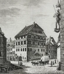 Albrecht Durerin (1471-1528) talo Nürnbergissä, Saksassa, Salvatore Puglian litografia Poliorama Pittorescosta, n:o 31, 12. maaliskuuta
