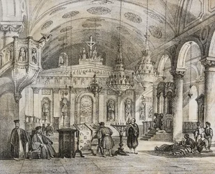 Interiér řeckého kostela Baloukli, poblíž Konstantinopole, Turecko, litografie od Salvatore Puglia z Poliorama Pittoresco, n 28, 15. února