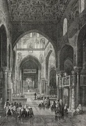 Interiér palatinské kaple v Palazzo dei Normanni nebo královského paláce v Palermu, Sicílie, Itálie, litografie Salvatore Puglia z Poliorama Pittoresco, n 41, 21. května