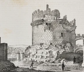 Mauzoleum Cecilie Metella na Via Appia, Řím, Lazio, Itálie, litografie Salvatore Puglia z Poliorama Pittoresco, n 20, 21. prosince
