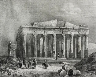 Parthenon, Akropole v Aténách, Řecko, litografie Salvatore Puglia z Poliorama Pittoresco, n 32, 19. března