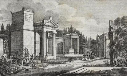 Hřbitov Pere-Lachaise, Paříž, Francie, litografie Salvatore Puglia z Poliorama Pittoresco, n 19, 17. prosince