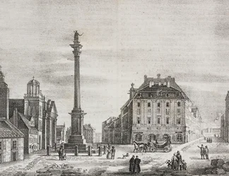 Zikmundův sloup, na památku krále Sigismund III Vasa (1566-1632), Varšava, Polsko, litografie Salvatore Puglia z Poliorama Pittoresco, n 46, 21. června