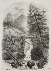 Visutý most přes pohoří Pyreneje, Španělsko, litografie Salvatore Puglia z Poliorama Pittoresco, č. 16, 23. listopadu