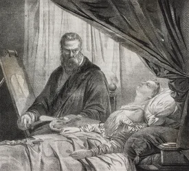 Tintoretto maluje svou mrtvou dceru, litografie od Salvatore Puglia z Poliorama Pittoresco, n 27, 10. února
