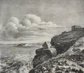 Hrobka pro Francois-Rene de Chateaubriand v Saint-Malo, Francie, litografie Gaetano Riccio z Poliorama Pittoresco, n 32, 18. března
