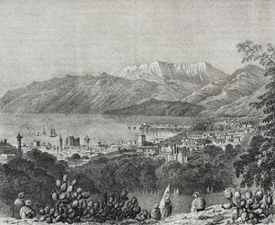 Pohled na Bejrút a pohoří Mount Lebanon, Libanon, litografie Salvatore Puglia z Poliorama Pittoresco, n 8, 1. října