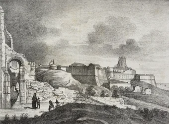 Näkymä Crotonesta, Calabria, Italia, Salvatore Puglian litografia Poliorama Pittorescosta, n:o 51, 29. heinäkuuta