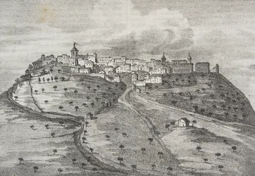 Pohled na Montefuscolo, dnes Montefusco, Kampánie, Itálie, litografie Salvatore Puglia z Poliorama Pittoresco, n 41, 20. května