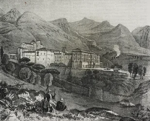 Pohled na klášter San Martino delle Scale poblíž Palerma, Sicílie, Itálie, litografie od Salvatore Puglia z Poliorama Pittoresco, n 47, 2. července