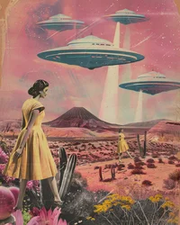 Dámské oblečení ve stylu vintage s motivem UFO v poušti
