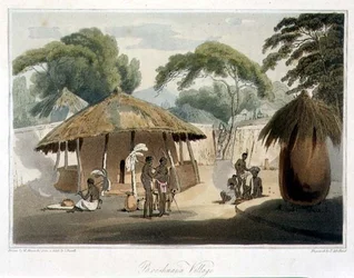 Vesnice Booshuana, deska 18 z „Voyage to Cochinchina“ od Johna Barrowa (1764-1848) nakreslený Williamem Alexanderem (1767-1816) vyrytý Thomasem Medlandem (1755-1823) 1806 (akvatinta)