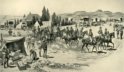 Lord Roberts a štáb začínající na průzkumu z velitelství ve Smaldeelu, 1901.