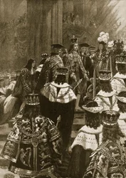 Nastolení při korunovaci Jiřího I., 20. října 1714, z časopisu „The Illustrated London News“, 1902