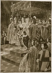 Předání ostruh a meče při korunovaci Jindřicha VI. na den svatého Leonarda, 6. listopadu 1429, z „The Illustrated London News“, 1902