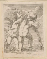 Dva putti se hádají o palmovou ratolest Discordia Concors (název na objektu) Různé designy (název série) Opera Varia Historica, Poetica & Iconologica (název série)