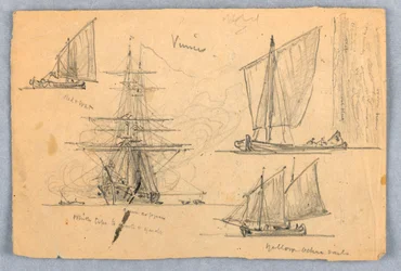 Kreslení, náčrty. Lodě, Benátky, Itálie, říjen 1872