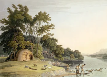 Vesnice Korah Hottentot na levém břehu řeky Orange, deska 1 z „African Scenery and Animals“, vyrytá umělcem, 1804 (akvatinta)