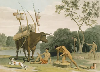 Korah Hottentots Preparing to Remove, deska 20 z „African Scenery and Animals“, vyryto umělcem, 1805 (akvatinta)
