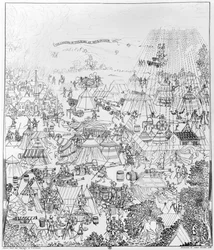 Tábořiště krále Jindřicha VIII v Marquison, červenec 1544, leptané Jamesem Basire, 1788