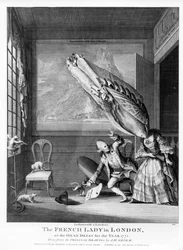 Francouzská dáma v Londýně aneb The Head Dress of the Year 1771, vytištěno pro S. Sledge, 1771