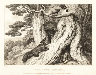 Kohout na stromě přelstí lišku, zatímco pes spí. 1811