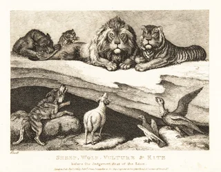 Soudní případ mezi zvířaty se lvem a tygrem jako soudci. 1811 (lept)