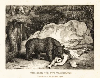 Cestovatel v turbanu hraje mrtvého, když ho napadne medvěd. 1811 (lept)