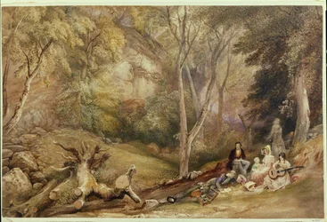 A Sketching Party v Leigh Woods, kolem roku 1830 (tužka, akvarel a tělová barva na papíře)