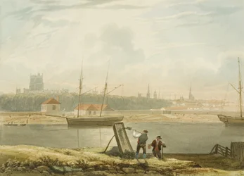 Pohled přes plovoucí přístav s katedrálou a městskými kostely, c. 1825