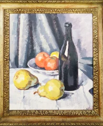 Jablka, hrušky a černá láhev na přehozeném stole, c.1928