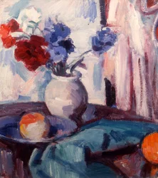 Smíšené karafiáty a chrpy v hrnčířské váze, c.1931