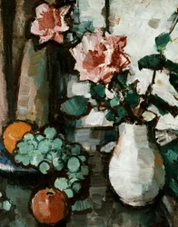 Zátiší s růžemi a ovocem. Zátiší růží a ovoce. Obraz od Samuela Johna Peploe (1871-1935, Velká Británie) Soukromá sbírka