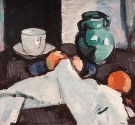 Zátiší s mísou ovoce, džbánem, šálkem a podšálkem, 1927-29.