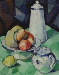 Zátiší s konvicí a ovocem na zeleném ubruse, kolem roku 1913