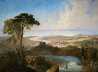 Panoramatický pohled na ústí řeky Severn, počátek poloviny 19. století.
