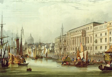 Custom House, E16, vyryl R. G. Reeve, 1828 (akvatinta)