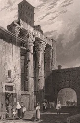 Sloupce chrámu Mars Ultor, Řím, Lazio, Itálie, ocelorytina Samuela Prouta (1783-1852), kresba, cca 15x115 cm